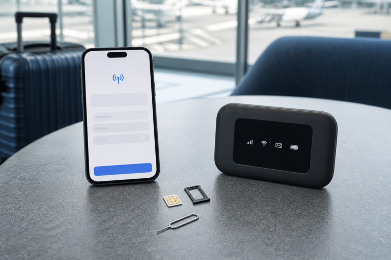 Smartphone eSIM, physical SIM card, and pocket WiFi at an airport