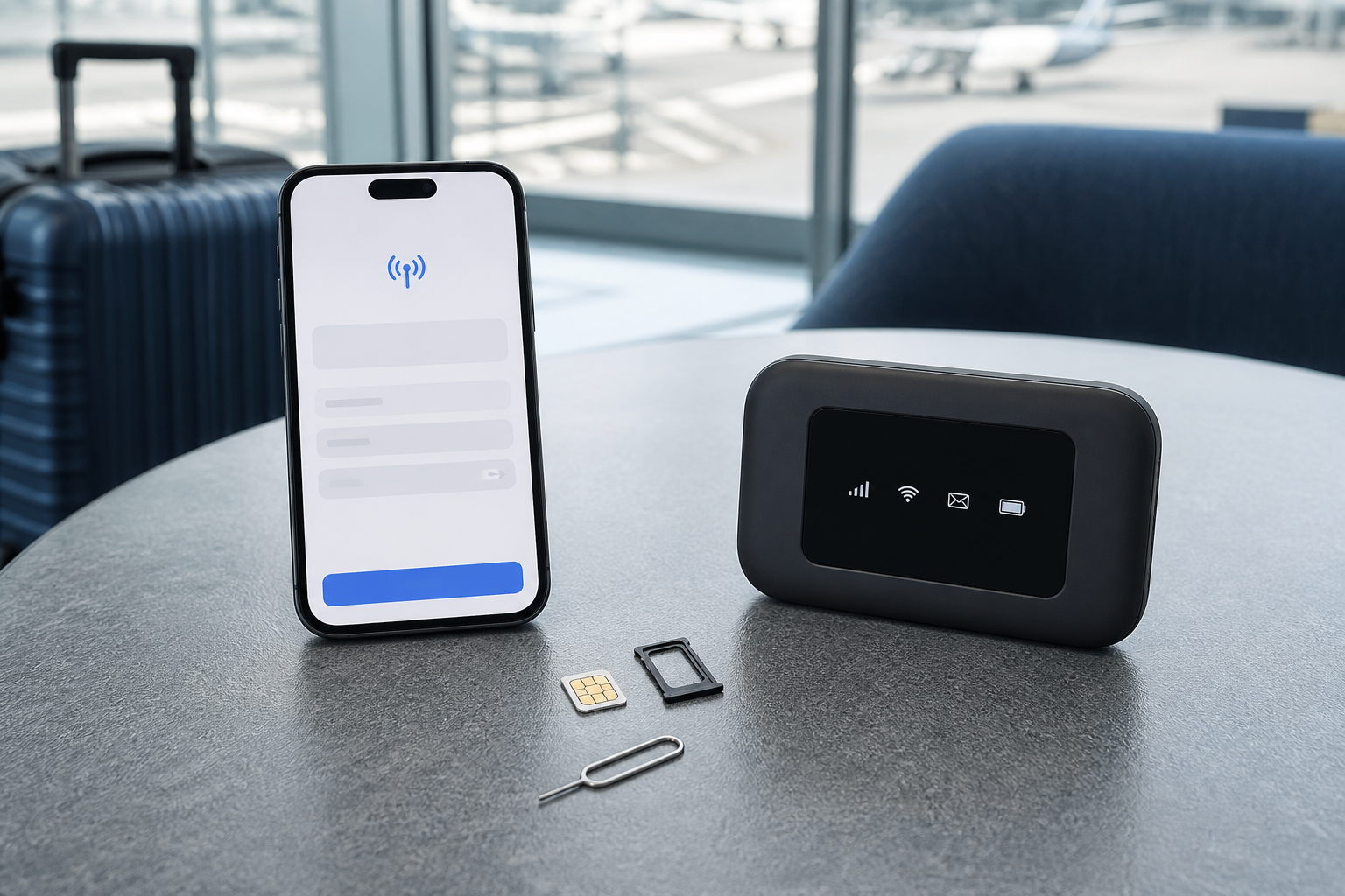Smartphone eSIM, physical SIM card, and pocket WiFi at an airport
